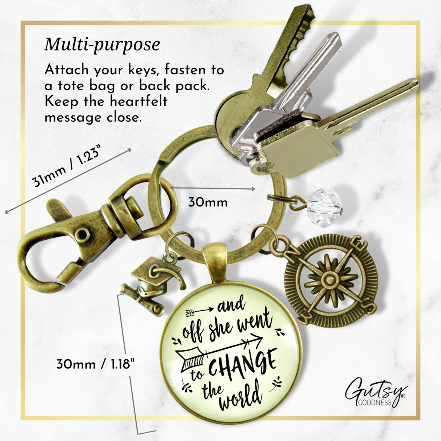 And Off She Went to Change the World Graduation Gutsy Goodness Bronze Keychain Compass Charm Womens Jewelry