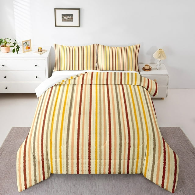 YST Striped Comforter Set Full Yellow Red Bedding Farmhouse Geometric Lines Bedding Comforter Sets For Teens Young Ticking Stripes Abstract Bedroom Decor Lightweight Down Comforter