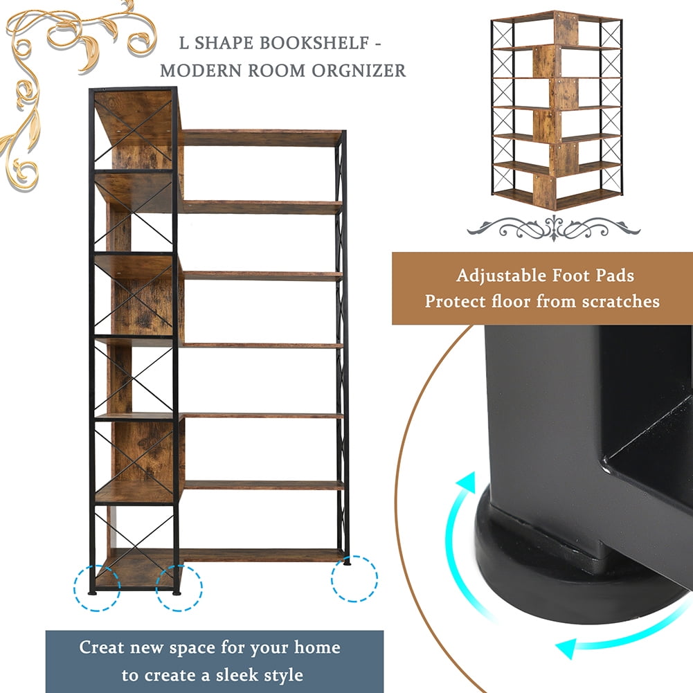 Resenkos 7-Tier Bookcase Home Office Bookshelf,L-Shaped Corner Bookcase with Metal Frame,Industrial Style Shelf with Open Storage,Brown