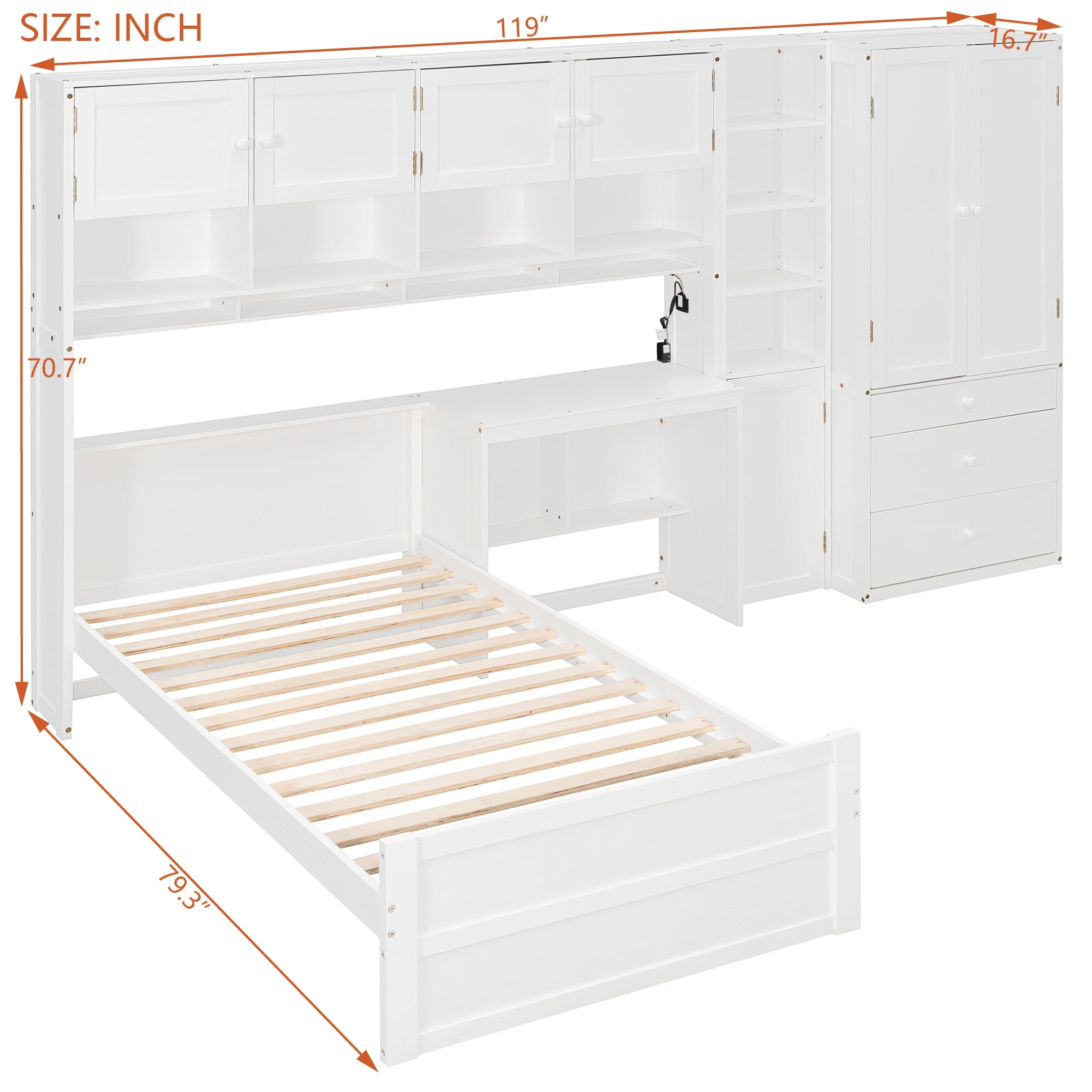 Mintazer Twin Platform Bed with Desk & Wardrobe, Wooden Bed with Cabinets & Shelves Storage and 3 Drawers for Bedroom Playroom Guest Room, White