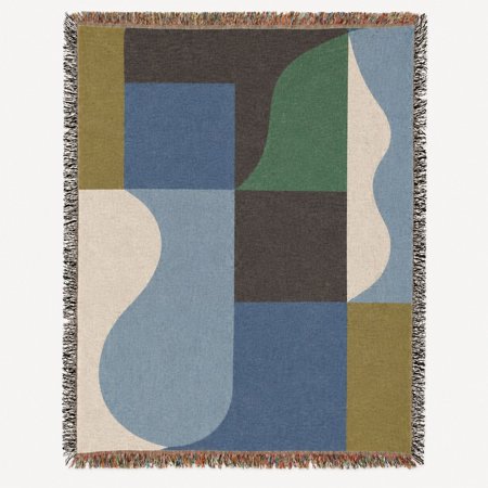 Abstract Geometric Blue and Green Woven Cotton Throw Blanket with Fringe Modern Home Decor