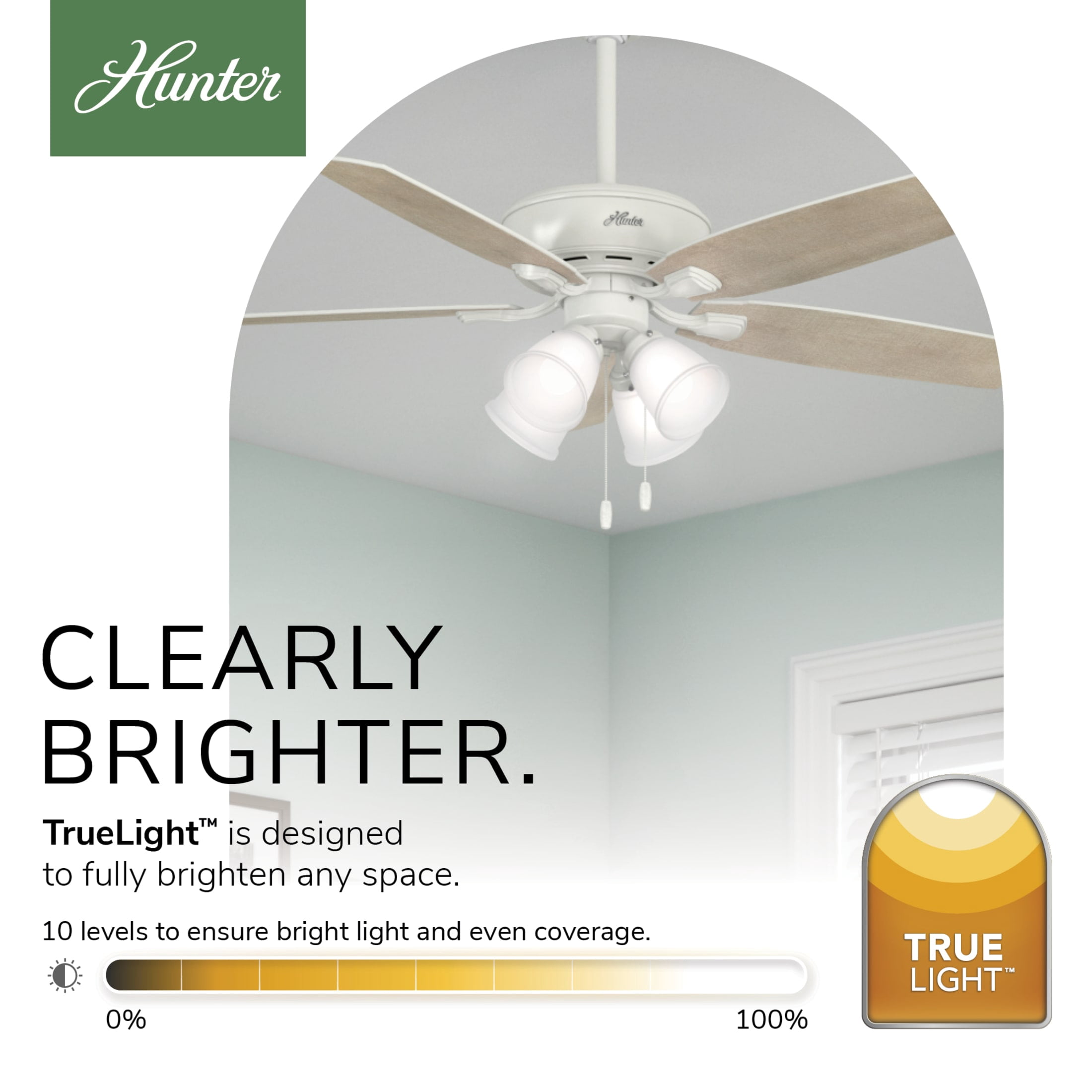 Hunter 52 inch Indoor Ceiling Fan with LED Lights - White Ceiling Fan with Pull Chain, For Bedroom or Living Room, Standard Mount, No Remote, 5 Blades, Includes Bulbs - Amberlin 53217, Fresh White