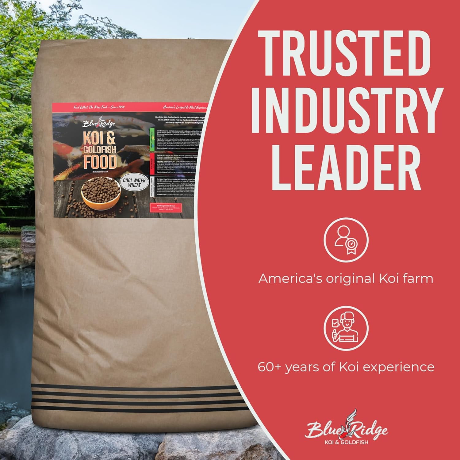 Blue Ridge Koi Fish Food 50lb - Koi Food 3/16” Cool Water Wheat, Goldfish Food, Premium Fish Food for Ponds, Ponds Fish Food, Koi Food Fall and Winter Fish Food, Floating Pond Pellets