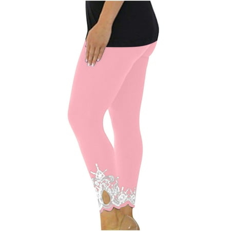 Capris Pants For Women Super Elastic Casual Lace Patchwork Solid Color Female Lounge Workout Running Tights Ladies Leisure Leggings Women Soft Fit Slim Trousers