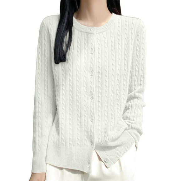 Breezora Women Short Crochet Cardigan Knit Sweater With Cable Pattern Front Open Boho Style Top L Size White