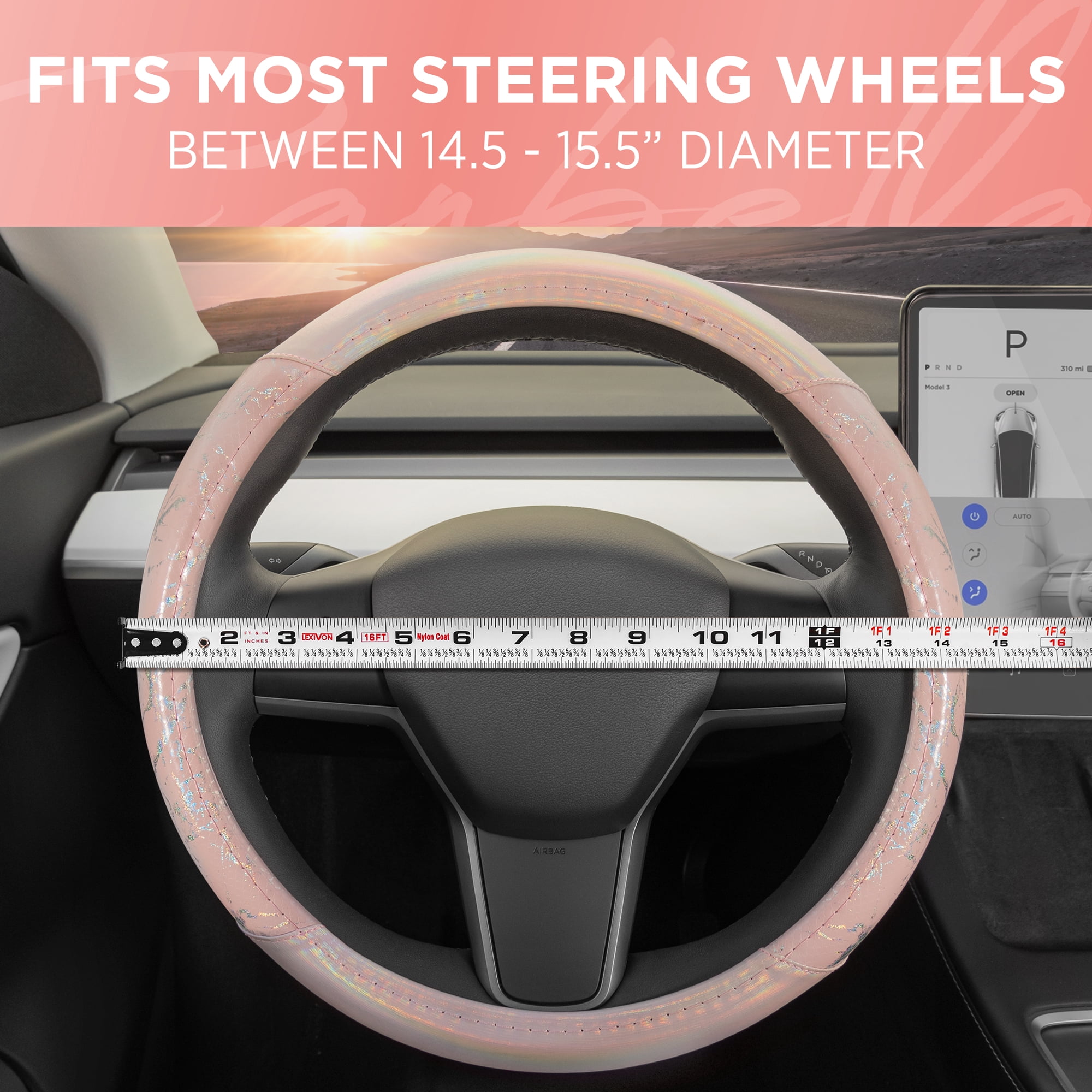 Pink Holo Bling Steering Wheel Cover, Standard 15 Inch Size Fits Most Vehicles, Cute Shiny Crackle Car Steering Cover with Holographic Foil Glitter Like Detail, Car Accessories for Women