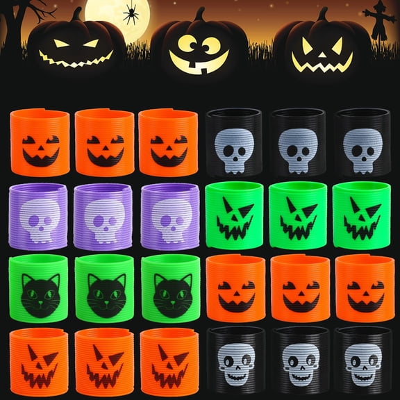FINGOOO 24 Pack Halloween Coil Springs Toys for Kids, Assorted Pattern Color Goodie Bag Stuffers Party Favors Small Toy Gifts