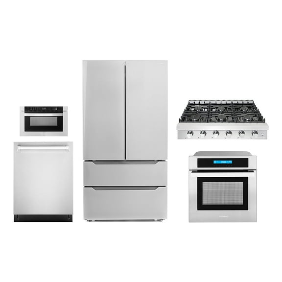 5 Piece Kitchen Package With 36" Slide-In Gas Cooktop 24" Built-in Fully Integrated Dishwasher 24" Single Electric Wall Oven 24" Built-In Microwave Drawer & French Door Refrigerator