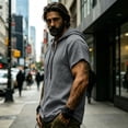 thumbnail image 6 of Jovrlynd Hoodies for Men Short Sleeve Cotton Linen Drawstring Summer Casual Hooded Shirts V Neck Pullover Tee Tops, S-3XL, 6 of 9