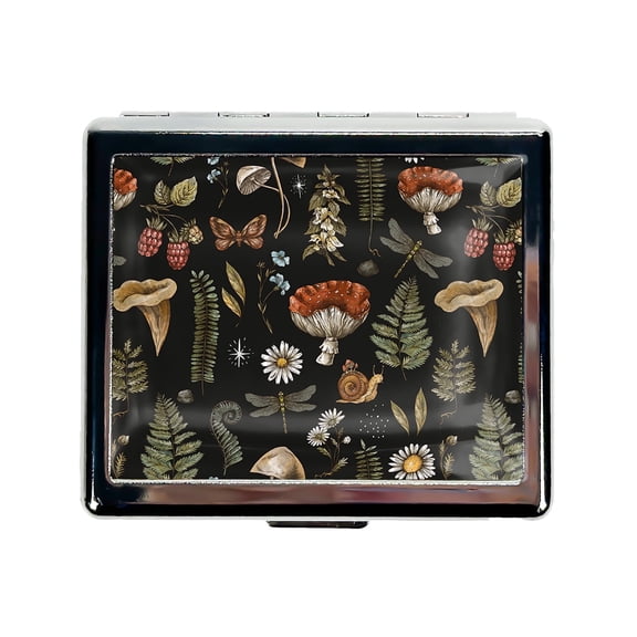 Mushroom illustration 7 Days Chromed Shiny Silver Pill Organizer with Mirror Inside Has 8 Separate Compartments Rectangle Cute Travel Pill Organizer for Purse 7 Days Pill Box Pill Case