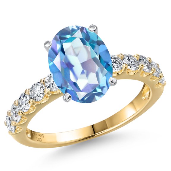 Gem Stone King 14K Two Tone Gold Millennium Blue Mystic Quartz and Lab Grown Diamond Engagement Ring for Women | 4.25 Cttw | Oval 11X9MM | Gemstone Birthstone | Size 8