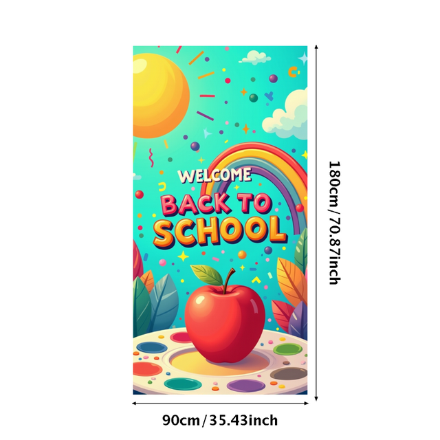 Colorful Welcome Back to School Banner, with Sun Apple Pencils and Rainbows, Backdrop for School Opening Party Classroom Decorations School Events Photography Props