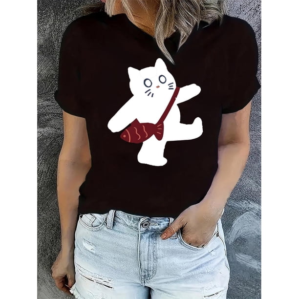 Camiseta de Verano para Mujer Women's Cute Cat & Fish Print T-Shirt - Casual Round Neck Short Sleeve Top, Stretchy Polyester Blend, Machine Washable - Perfect for SummerFather's Day, Mother's Day, N