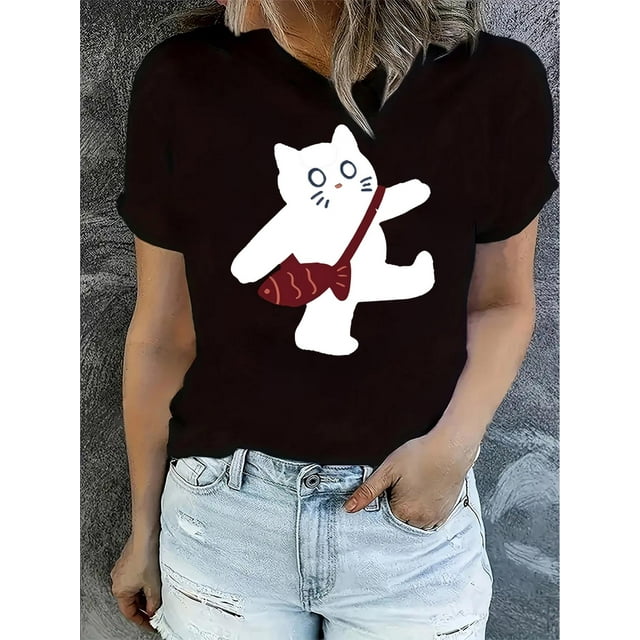 Camiseta de Verano para Mujer Women's Cute Cat & Fish Print T-Shirt - Casual Round Neck Short Sleeve Top, Stretchy Polyester Blend, Machine Washable - Perfect for SummerFather's Day, Mother's Day, N