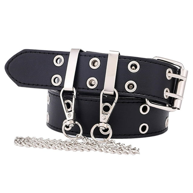 Cinturón de doble ojal para mujer Cuero Punk Gótico Cinturón de cinturo Jeans Cinturones de 2 agujeros - Negro con Cadena Talla única Yinane Cinturón de cintura para mujer