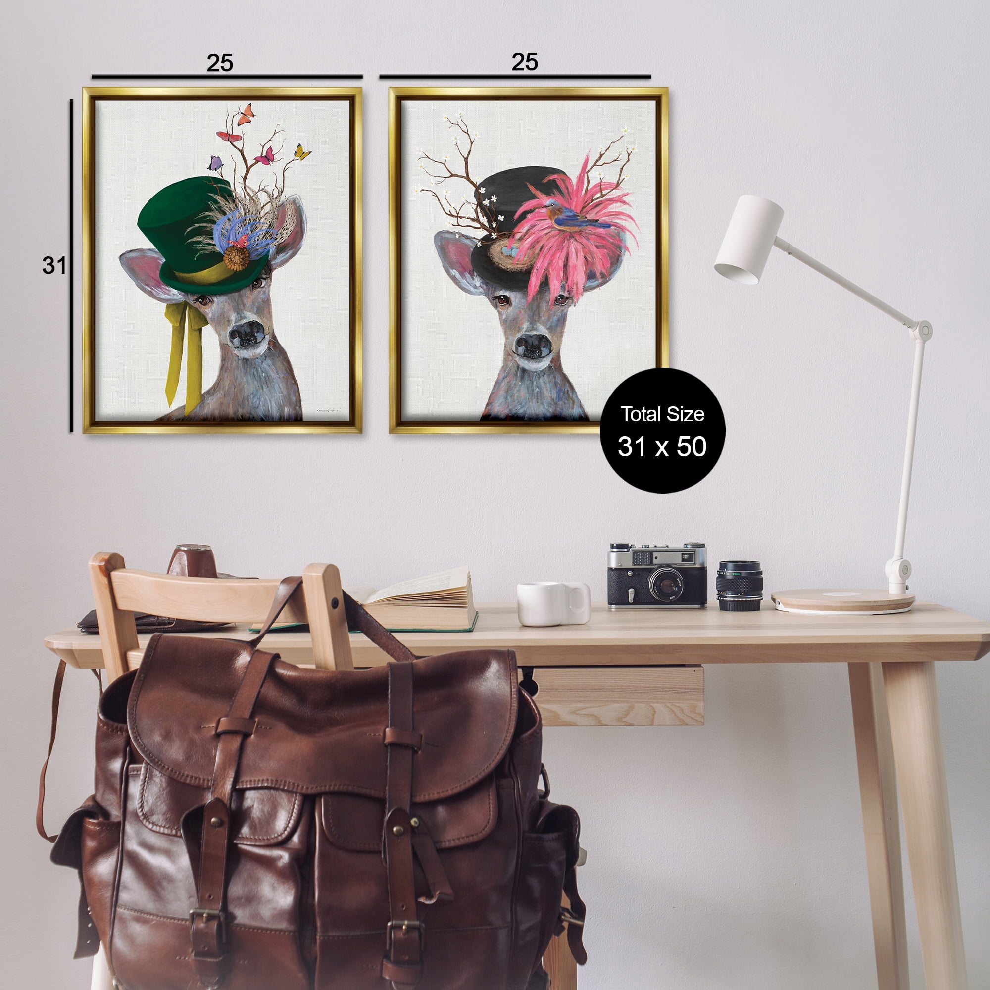 Stupell Industries Dapper Deer Floral Top Hat Animals Painting Gold Floater Framed Canvas Art Print Wall Art, 31 x 25, Set of 2