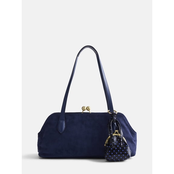 Free Assembly Women's Faux Suede Shoulder Bag with Mini Bag Charm, Navy Water