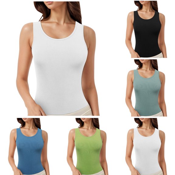 IWRICH Womens Sleeveless U-Neck Tank Tops Fashion Summer Casual Basic Slim Fit Ribbed Racerback Top Shirt Clothes White XL