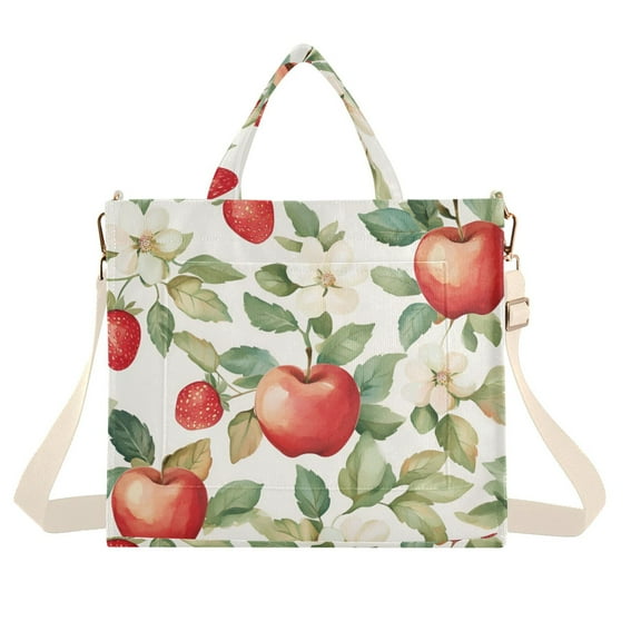 FORMRS Womens Corduroy Tote Bag Crossbody Shoulder Handbag with Pocket, Beige Apple Pattern