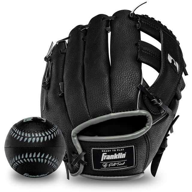 Franklin Sports Tee Ball Guante - Guante de campo juvenil para diestros - Guante de béisbol de cuero sintético MLB - Guante listo para jugar (RTP) - Tiro a mano derecha de 9.5 pulgadas - MLB negro con