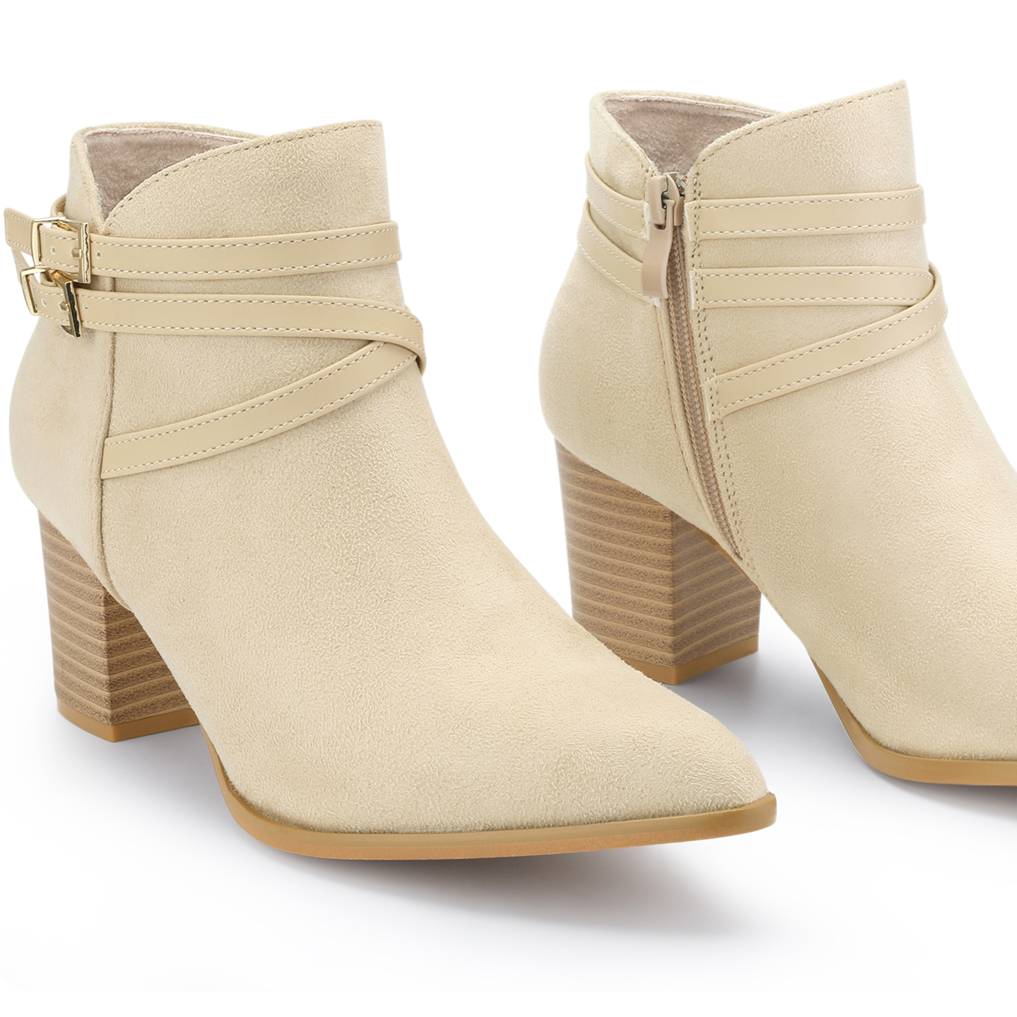 DARING DIVA Strappy Pointed Toe Buckle Chunky Heel Ankle Booties Beige 7