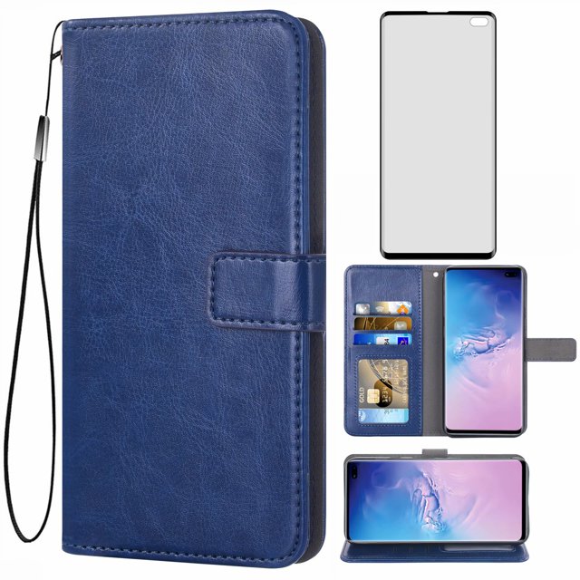 Mobile Phone Cover for Samsung S10 Plus +, Cover Premium Pu Leather Tpu Flip Cover Magnetic Closure Card Compartment Stand Function Wallet with Lanyard Protective Cover