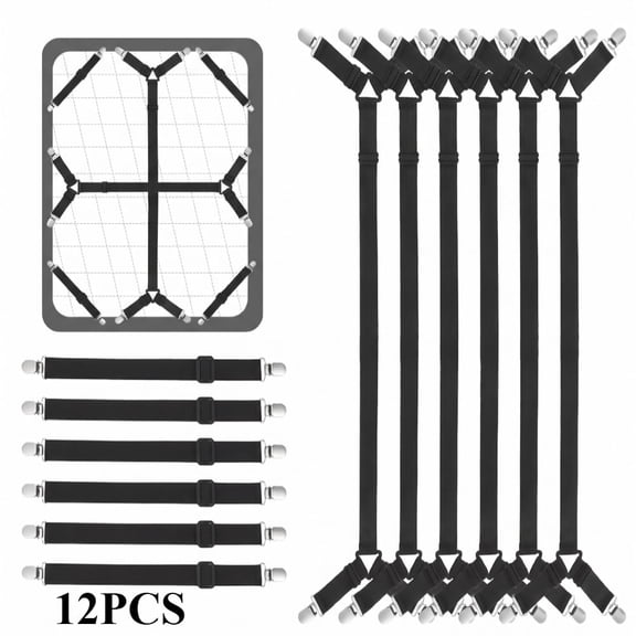 12 Pack Adjustable 2 Way Elastic Bed Sheet Straps Clips, Fitted Sheet Tightener, Mattress Corner Fasteners Suspenders, 6 Long 6 Medium