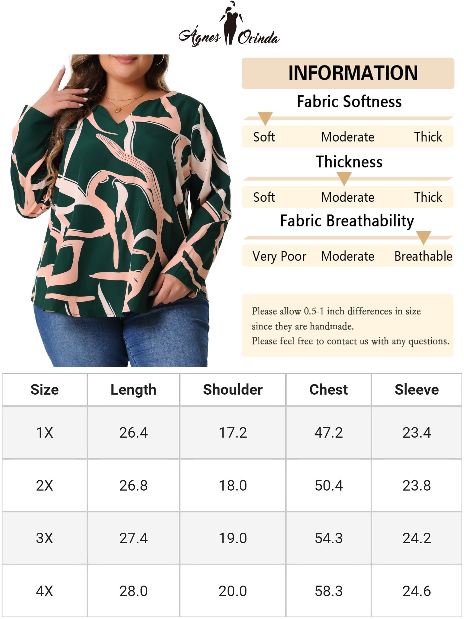 DARING DIVA Women's Plus V Neck Long Sleeves Casual Blouse 4X Green