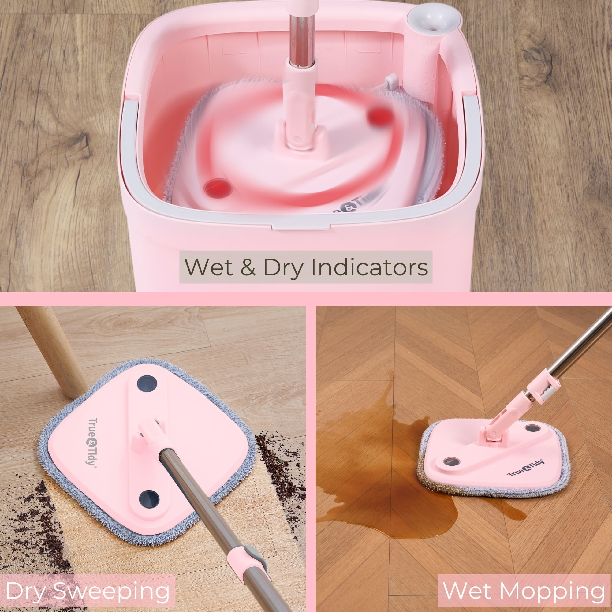 True Clean Spin Mop and Bucket System with Clean Water Separation, Self Cleaning Microfiber Floor Mop for Vinyl & Tile, Rose