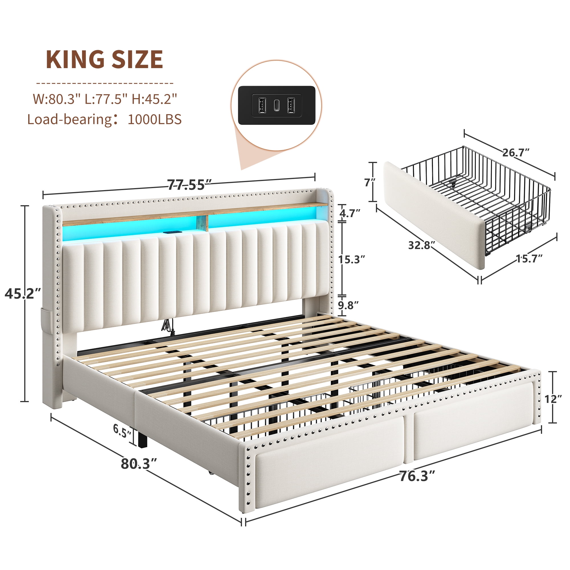 King Size Bed Frame with 2 Storage Drawers Upholstered Bed Frame with 2-Tier Storage Headboard & Charge Station & LED Light,Beige