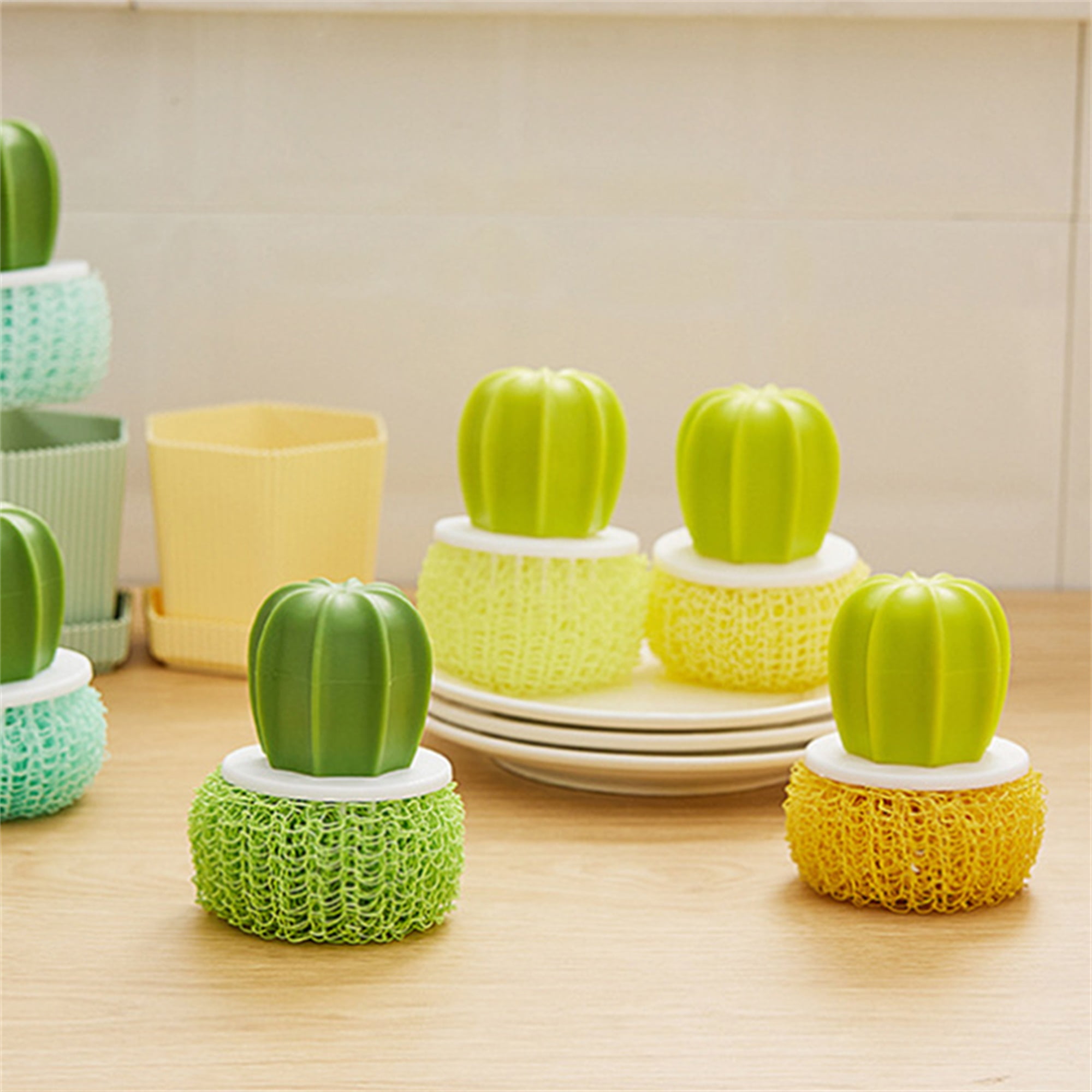 Cactus Dish Scrubber with Handle Dishes Brush with Detachable Nano