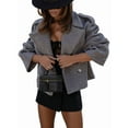 thumbnail image 2 of Women Crop Pea Coat Wool Blend Office Work Lapel Collar Short Winter Jacket Trench Coat Gray M, 2 of 8