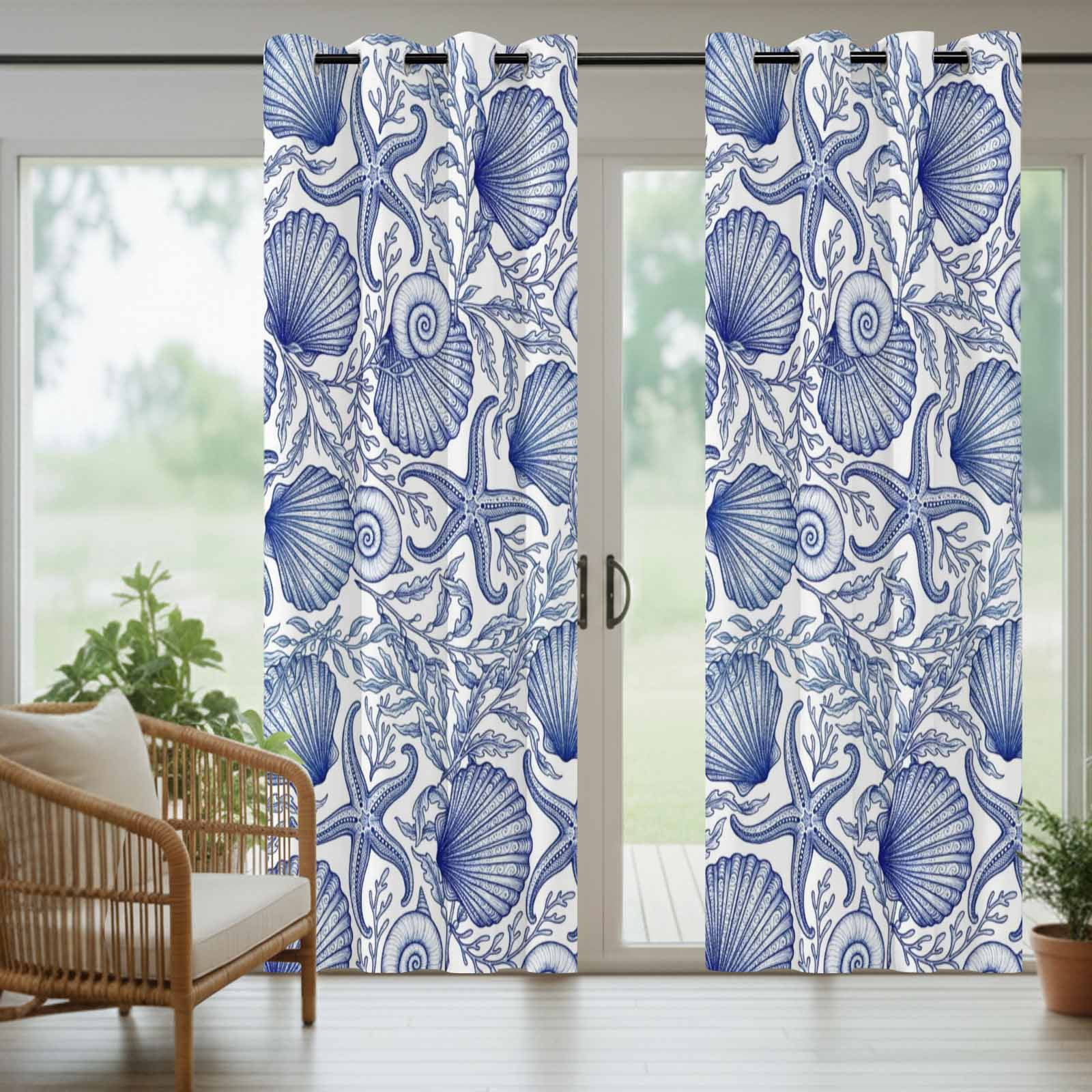 Vintage Blue Ocean Outdoor Curtains for Patio, Summer Country Nautical Sea Shell Starfish Coral Sunshade Privacy Drapes Grommet Waterproof Outside Curtains for Porch/Cabana/Balcony 54"x 108", 1 Panel