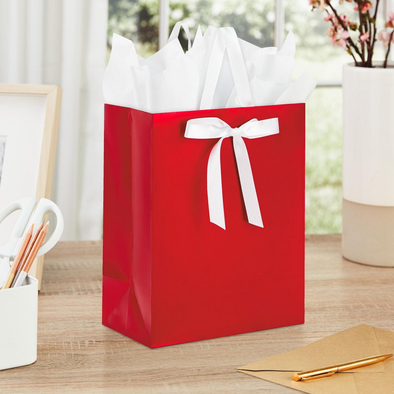 Hallmark 9" Medium Gift Bag (Red Foil with White Bow) for Valentine's Day, Christmas, Birthdays, Parties or Any Occasion