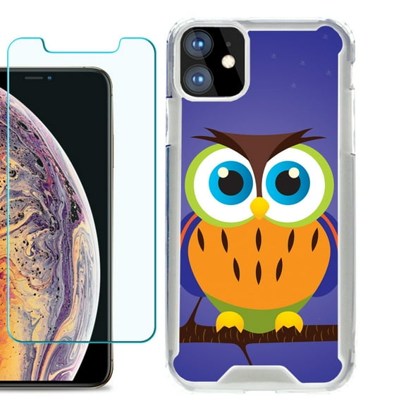 For Apple iPhone 11 Case, Hybrid Bumper Phone Case, with Tempered Glass Screen Protector, by OneToughShield ® - Night Owl