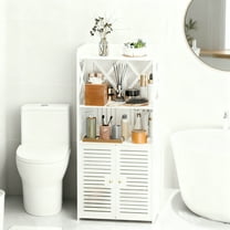 YOYTOO Bathroom Floor Storage Cabinet, 4 Tier Free Standing Shelving Unit Organizer Stand with 2 Doors 4 Shelves for Small Spaces, White