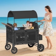 TABU 51 Stroller Wagon for 4 Kids, Folding 4 Seater Wagon with 5-Point Harnesses, Adjustable Handle, Black