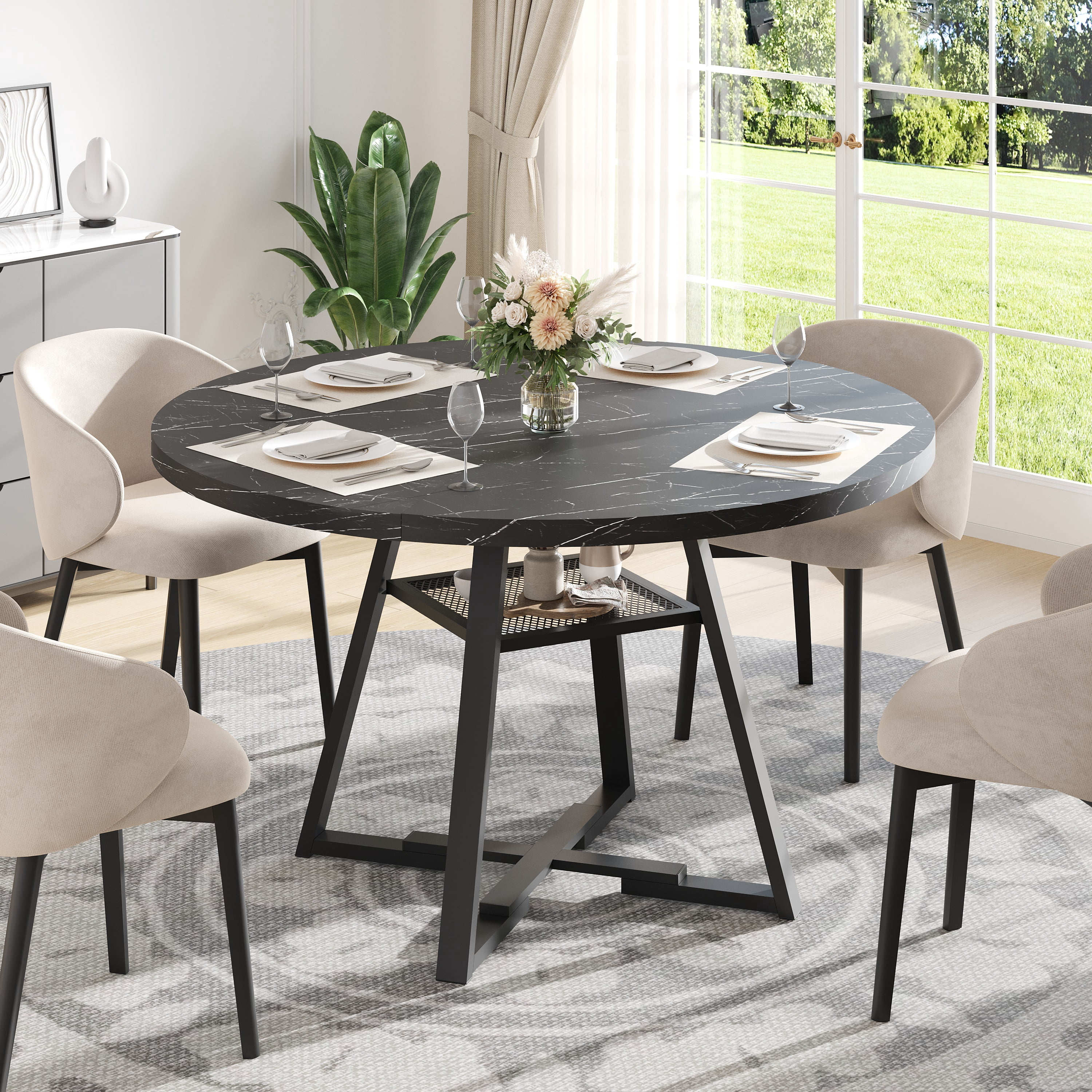 PAPROOS Round Dining Table, 43'' Faux Marble Dining Table with Storage Shelf, Circle Dining Table for Dining Room, Modern Kitchen Table for 4 People, Black(Only Table)