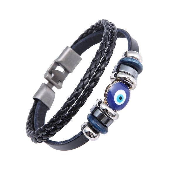 Multi-Layer Evil Eye Leather Bracelet for Men Ethnic Wristband Weave Leather Bangle Bracelet Protection Jewelry