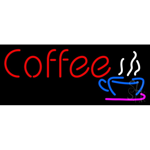 Red Coffee with Cup LED Neon Sign 13 x 32 - inches, Black Square Cut Acrylic Backing, with Dimmer - Bright and Premium built indoor LED Neon Sign for café and stroefront.