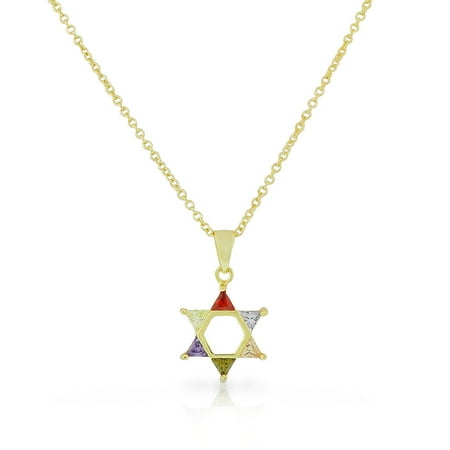 925 Sterling Silver Yellow Gold-Tone Jewish Star of David Multicolor CZ Pendant Necklace, 18
