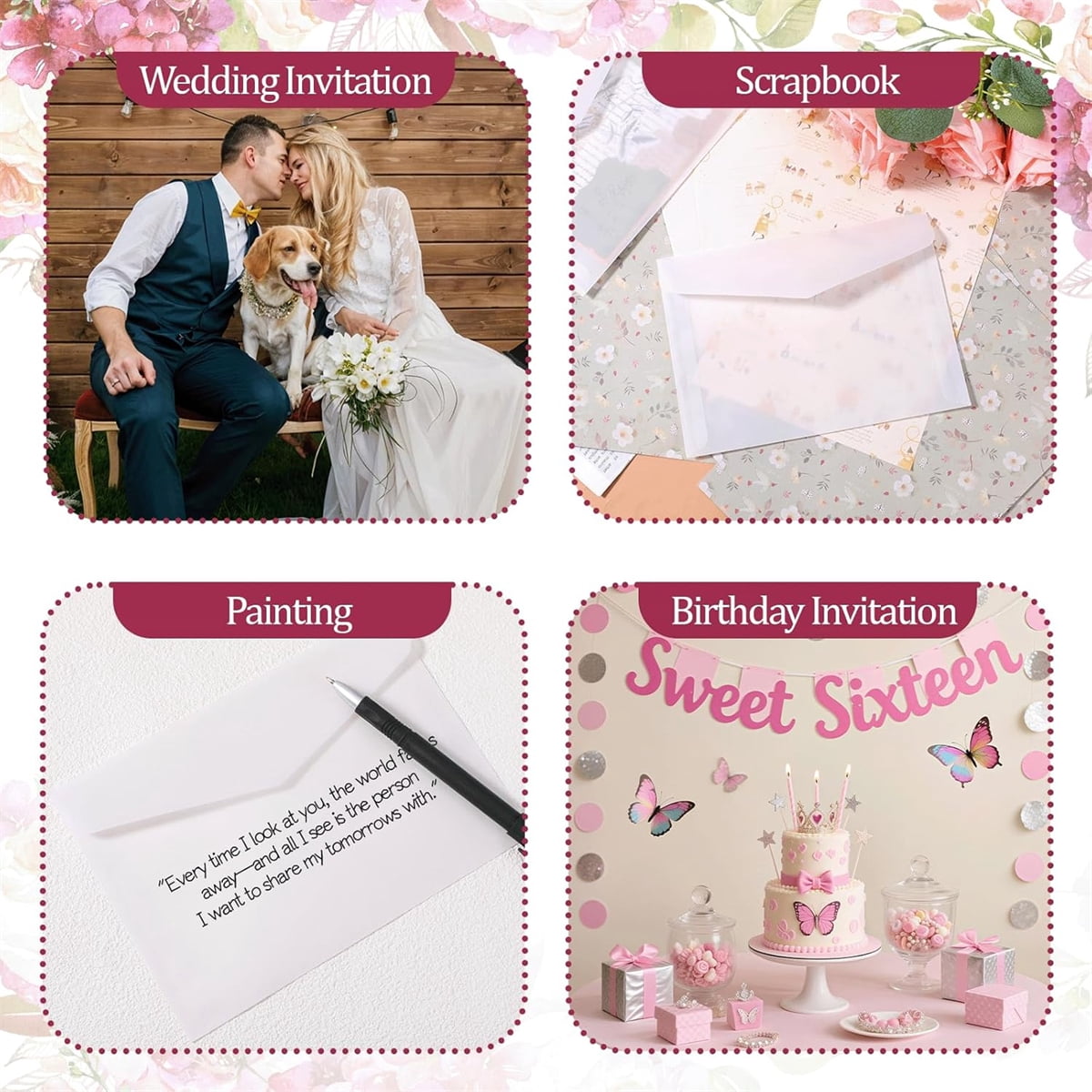 Reusable Glassine Envelopes (100-Pack),5.1x3.15 Inch Stamp Collections Sleeves,Greeting Card and Invitation Envelopes for Wedding,Birthday,Graduation Parties