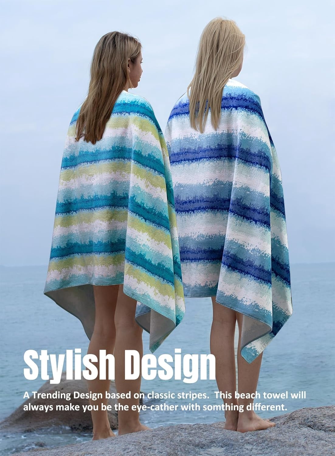 Large Beach Towel Oversized - Cotton Velour  Inch Coast Waves Camo Striped Terry Pool Towel, Soft Swimming Towel for Adults Women Men