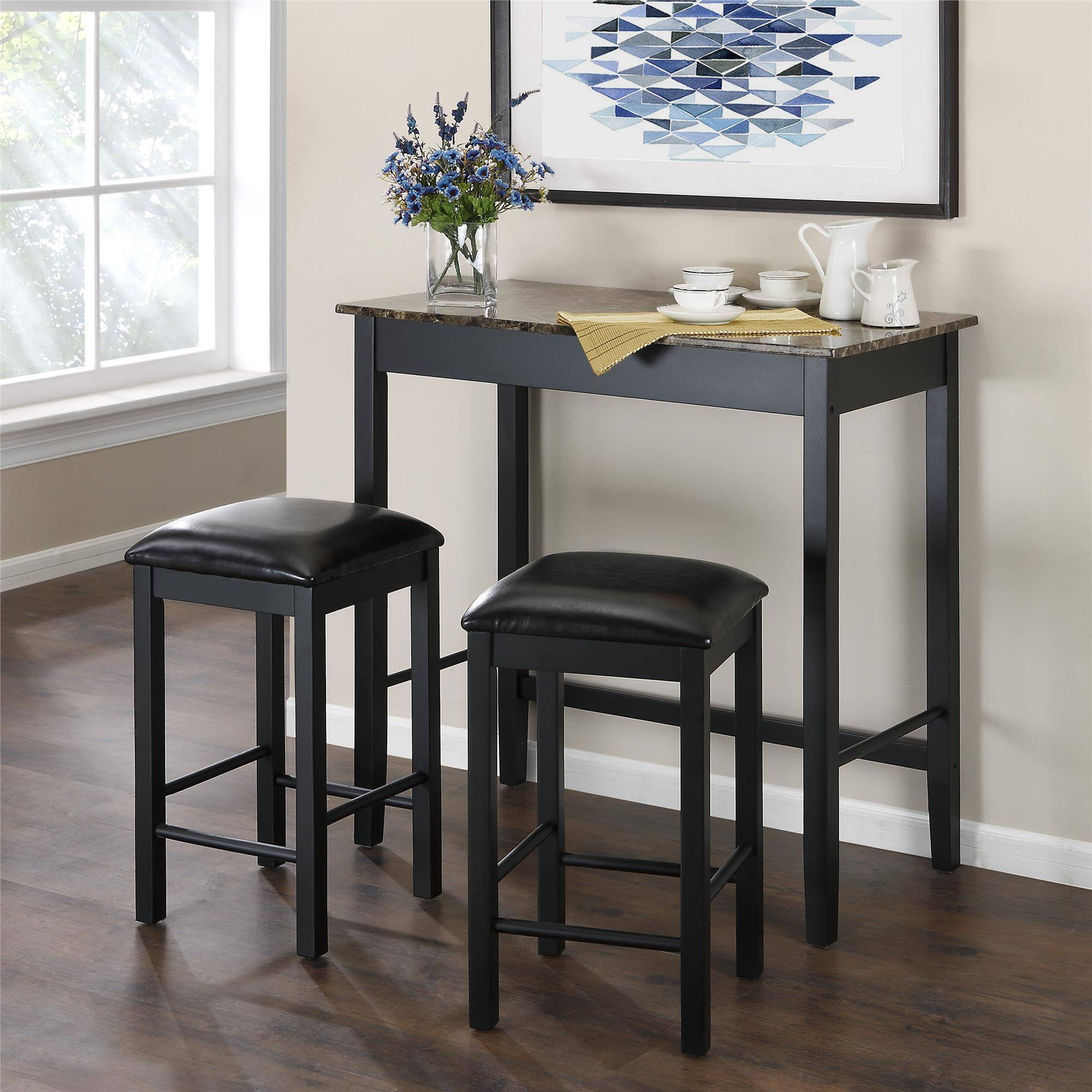 Dorel Living Devyn 3 Piece Faux Marble Pub Dining Set Black inside kitchen table stools set for House