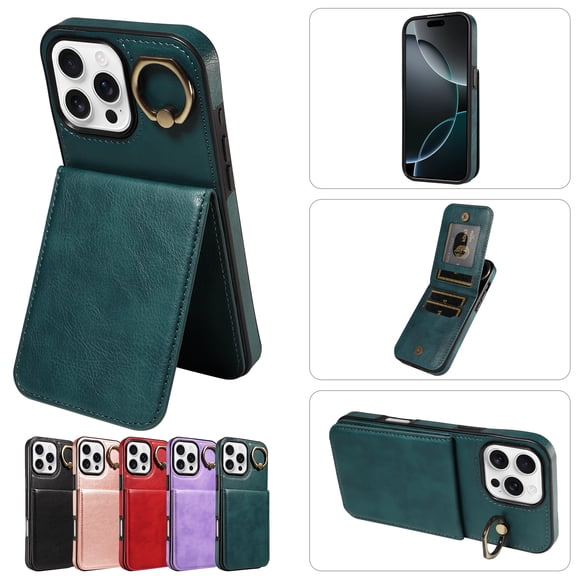 For iPhone 16 Pro Wallet Credit Card Holder Back Magnetic Flip Fing Ring Holder Kickstand PU Leather Shockproof RFID Blocking Double Protective Case For iPhone 16 Pro,Green