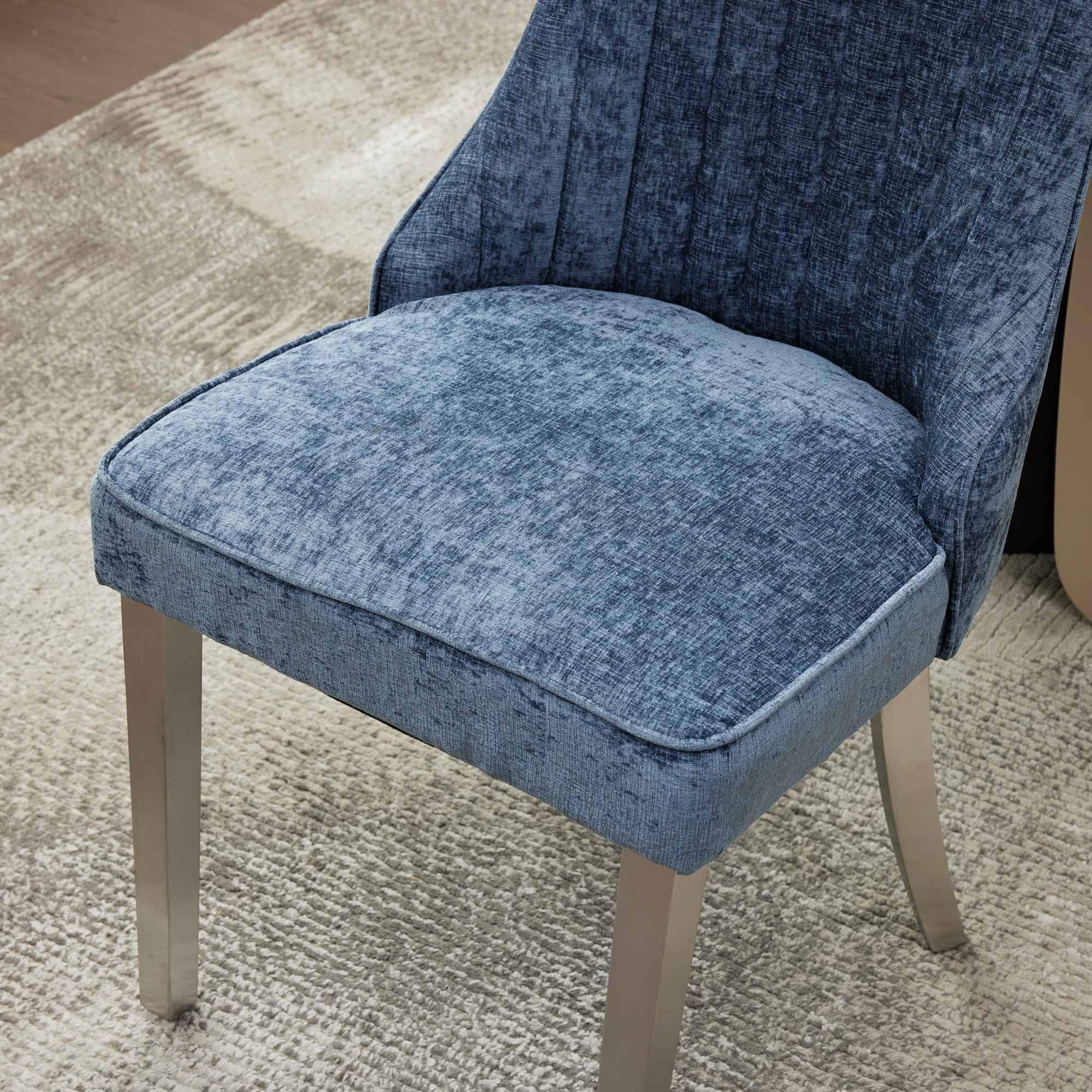 Aukfa Modern Chenille Dining Chairs Set of 2, Upholstered Kitchen Side Chair Accent Chair w/ Stainless Steel Legs,Blue