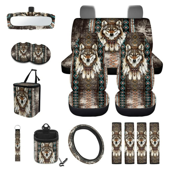 Renewold American Tribal Tribal Wolf Car Seat Covers Set for Front Back Seats, with Steering Wheel Rear View Mirror Cover Safe Belt Pads Coasters Garbage Can Keychain Air Vent Storage Bag, 15 PCS