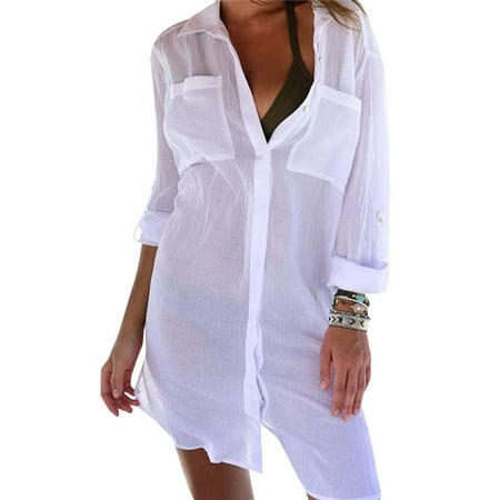 Bangyeer Women V-Neck Tops Beach Bikini Cover Up Ladies Kaftan Dress Blouse Long Shirt