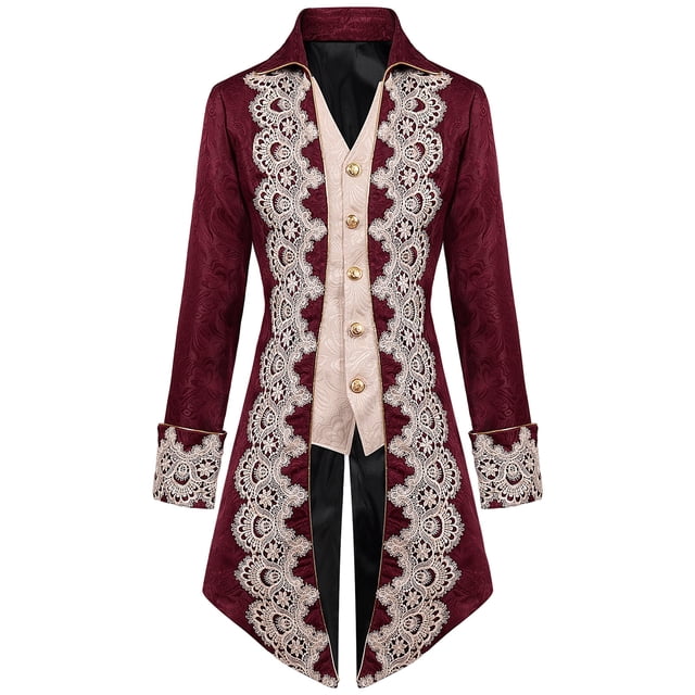 Hauts pour Hommes Hauts Unis Patchwork Motif Dentelle Manches Longues Manteau Rétro Élégant Formel Col à Revers Manteaux d'Hiver Gothique Manches Roulées Robe Hauts (Vin,2TG)