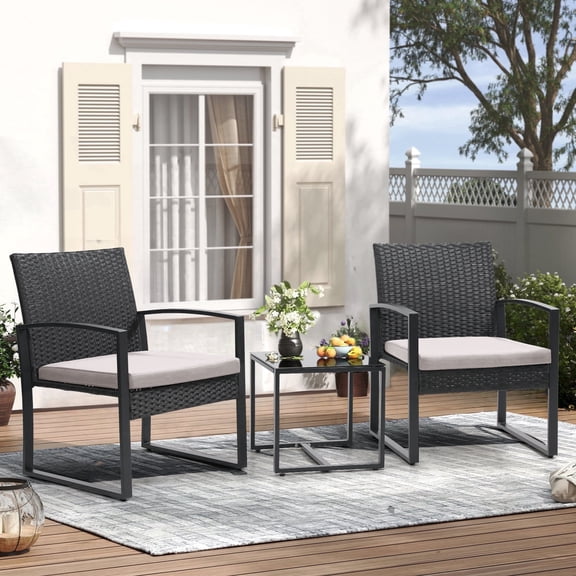 Melocadol 3 Piece Wicker Patio Bistro Set, Outdoor Rattan Set with Glass Top Coffee Table, Black Frame with Grey Cushions